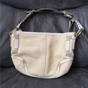 Coach Women's Straw Leather Detail  Beige White Braided Handle Hobo Handbag